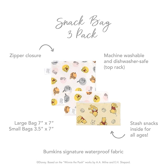 Bumkins Disney Reusable Sandwich and Snack Bags, for Kids School Lunch and for Adults Portion, Washable Fabric, Waterproof Cloth Zip Bag, Travel Pouch, Food-Safe Storage, 3-pk Winnie the Pooh