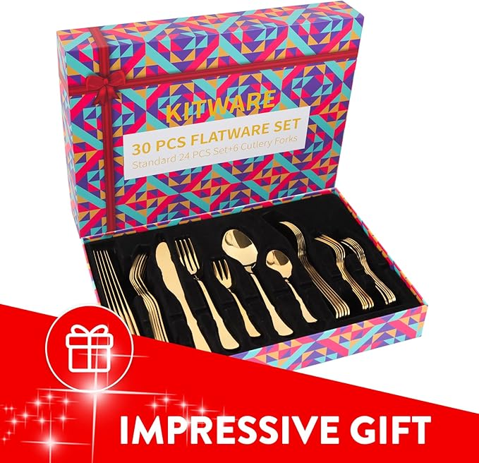 Gold Silverware Set, 30 Pieces Stainless Steel Gold Flatware Set, Kitchen Cutlery Tableware Service Set for 6, Color Utensil Sets for Home Restaurant and Party