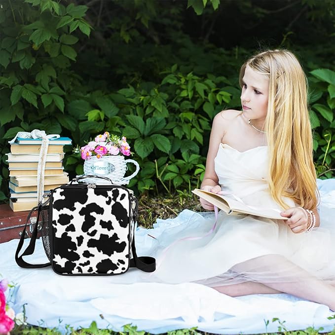 Cow Print Kids Lunch Box Black White Cow Insulated Lunch Bag Tote for Girls Boys Cooler Freezable Meal Prep Bag with Shoulder Strap Waterproof Lunch Container for School Office Picnic