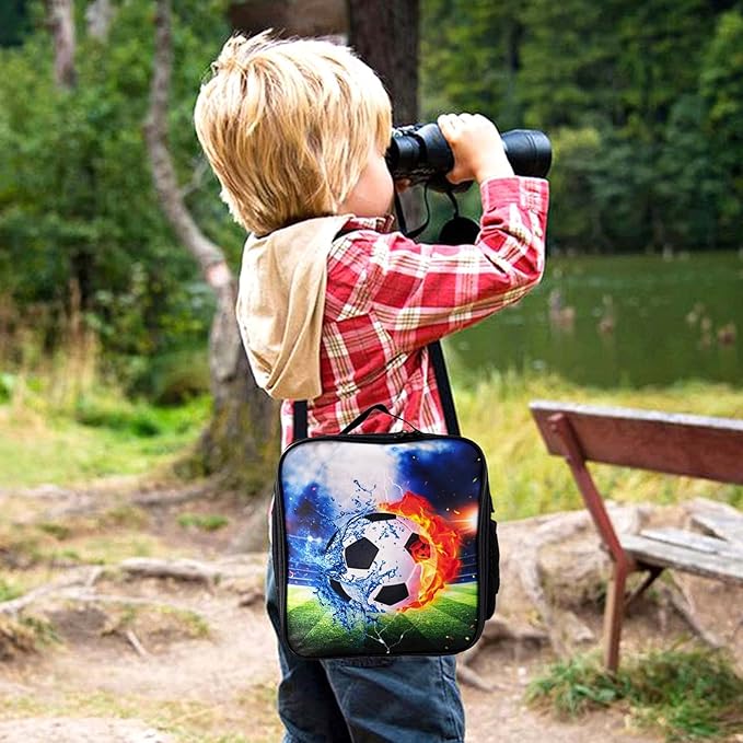 Insulated Lunch Bag for Girls&Boys, Kids Lunch Box, Soccer Lunch Bag with Shoulder Strap, School Bento Lunch Box for Kids Toddlers Teens, Black White Football Reusable Cooler Thermal Meal Tote Kit
