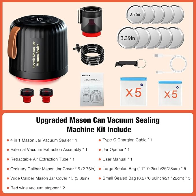 Electric Mason Jar Vacuum Sealer Kit, 4 in 1 Jar Vacuum Sealer for Mason Jars Jar Sealer Vacuum Sealing Machine for Food Storage Vacuum Bag Box Wine Bottle Wide Mouth and Regular Mouth Mason Jars
