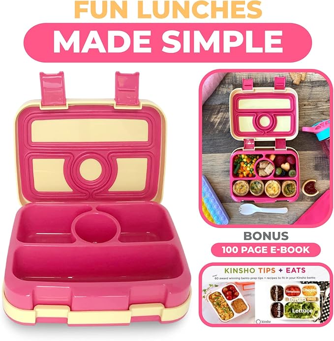 kinsho Bento Lunch Box for Kids Toddlers Girls, 4 Portion Sections Secure Lid, Microwave Safe BPA Free Removable Tray, Pre-School Kid Daycare Lunches Snack Container Ages 3 to 5, Cute Summer