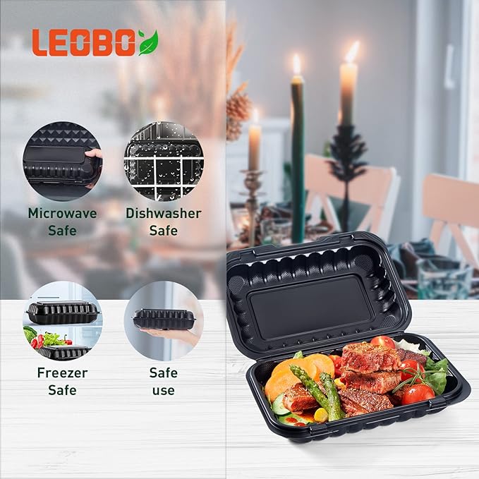 To Go Containers, BPA-Free Plastic Take Out Boxes with Lids 50-Pack 27oz Black MFPP Reusable Meal Prep Container for Food Storage, Hinged Clamshell Design for To-Go Lunch Salad Breakfast