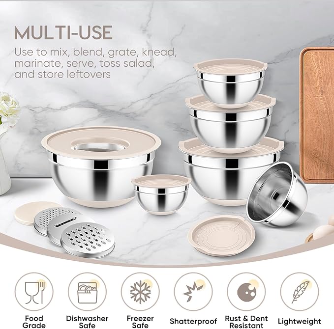 E-far 25PCS Mixing Bowls with Lid Set, Stainless Steel Nesting Prep Bowls with Grater Attachments Kitchen Gadgets Non-Slip Bottoms for Cooking, Serving, Food Storage, 4.6/2.6/2/1.5/1/0.7QT - Khaki