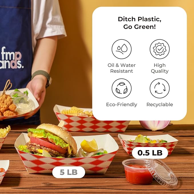 Fit Meal Prep [250 Pack 0.5 lb Paper Food Boats Heavy Duty Disposable Food Trays, Red Check Nacho Tray for Parties Fairs Picnics Carnivals, Holds Ketchup Cheese Sauce Pickles