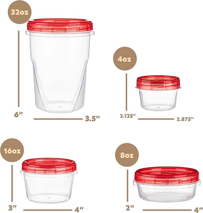PLASTICPRO 24 Pack Twist Top Containers Assorted Sizes Plastic Food Storage Containers with Red Twist on Lids Stackable Reusable