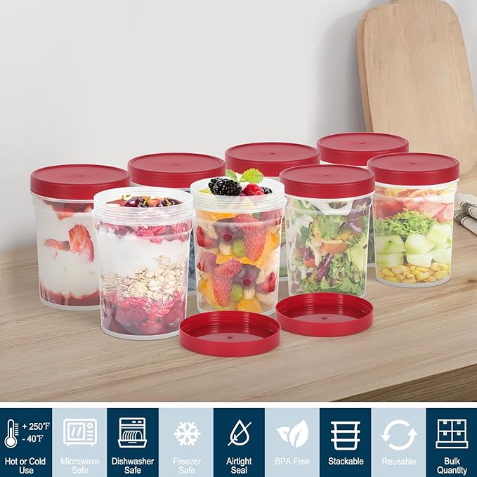 32 oz -12 Pack Reusable Food Freezer Storage Containers with Lids BPA Free, Twist Top Deli Container, Leak Proof, Stackable, Microwave and Dishwasher Safe-Elegant Red