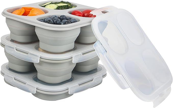 Collapsible Silicone Food Storage Container, 4-Compartment Snack Containers Portion Control with Clip-on Lid, Stackable, Space Saving, Microwave/Fridge/Freezer/Dishwasher Safe (3)