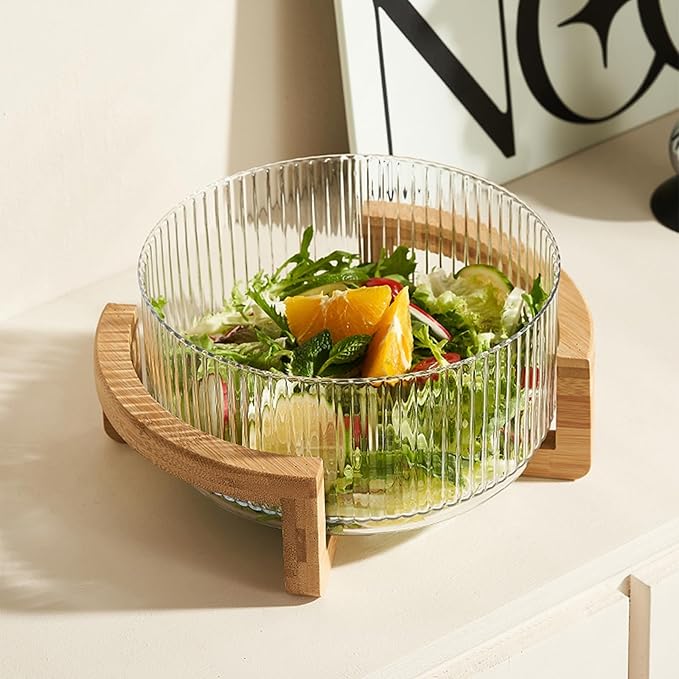 Ribbed Glass Salad Bowl with Wooden Stand – Large Mixing Bowl for Serving Salad, Fruits, Pasta & Desserts – Elegant Glass Serving Bowl with Natural Bamboo Holder – Modern Kitchen & Dining Tableware