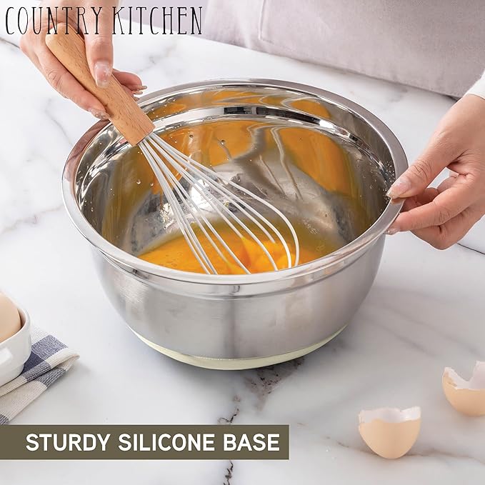 Country Kitchen Mixing Bowls with Airtight Lids - 12 piece Stainless Steel Metal Nesting Storage Bowls, Non-Slip Bottoms (Khaki)