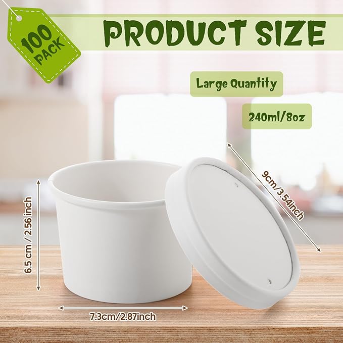 Fulmoon 100 Pack Paper Soup Containers with Lids Disposable Paper Food Containers with Vented Lids Kraft Ice Cream Bowls Soup Cup Ice Cream Cups for Restaurants(8 oz,White)
