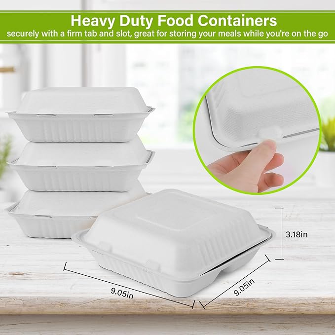 9x9 Clamshell Food Containers, 100 Pack Disposable Take Out Food Container With 3 Compartments, Compostable To Go Boxes, Eco Friendly To Go Containers With White Bagasse