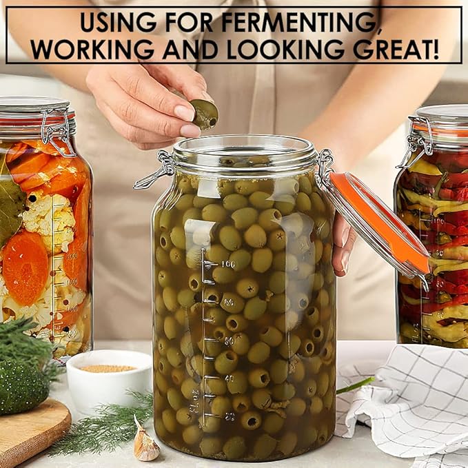 Super Wide-Mouth Glass Jars with Hinged Lids, 1-Gallon (4100 ML) Leak Proof Glass Canning Jars with Airtight Lids and 2 Measurement Marks. Large Capacity, Sturdy For Canning, Overnight Oats, 2-Pack
