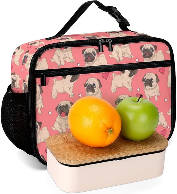 Pugs Puppies Reusable Lunch Box Insulated Lunch Bag Cooler Bag Lunchbox Meal Food Container Tote Bag for Women Kids Girls School Camping Hiking Picnic Beach Travel