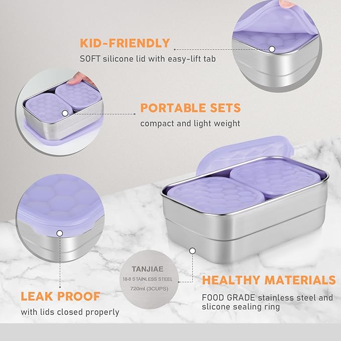 Small Stainless Steel Lunch Containers for Kids | Leak Proof BPA Free Snack Containers with 100% Pure Silicone Lids - Perfect Metal Lunch Box with Lids for School and Daycare (25oz+8oz*2)