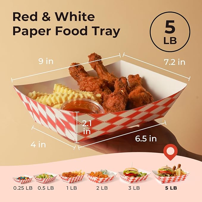 Fit Meal Prep [250 Pack 5 lb Paper Food Trays Heavy Duty Food Paperboard Boat Disposable Red Check Grease Resistant Fast for Parties Fairs Picnics Carnivals, Holds Tacos Nachos Fries
