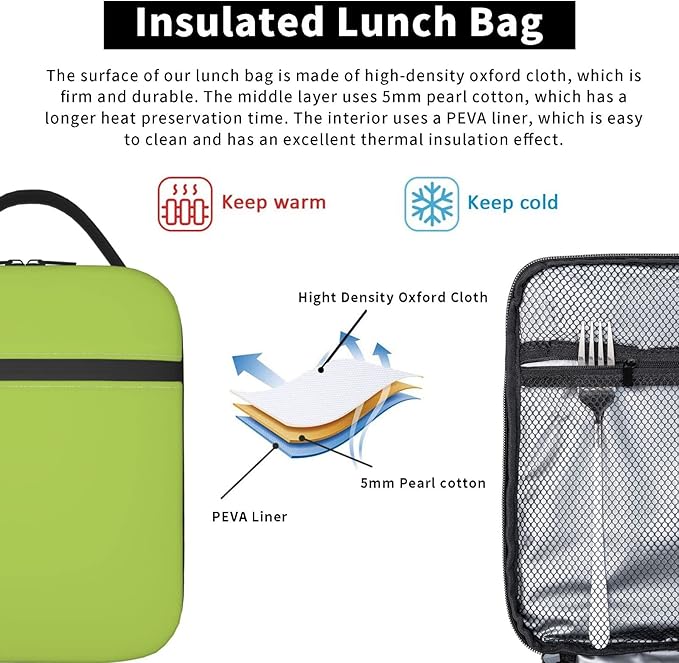 Lime Green Lunch Bag Lunch Box for Kids Girls Boys Women Thremal Picnic Meal Boxes for School Office Insulated Cooler Reusable Portable