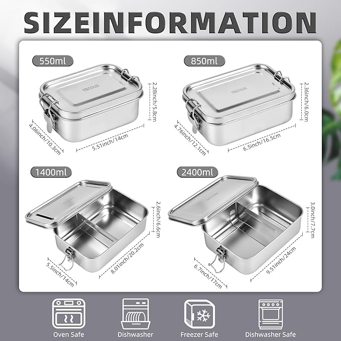 4 PCS Stainless Steel Bento Box 4-Size, Metal Lunch Box, Food Containers, Lunch Container for Home, Work, Camping (550ml+850ml+1400ml+2400ml)