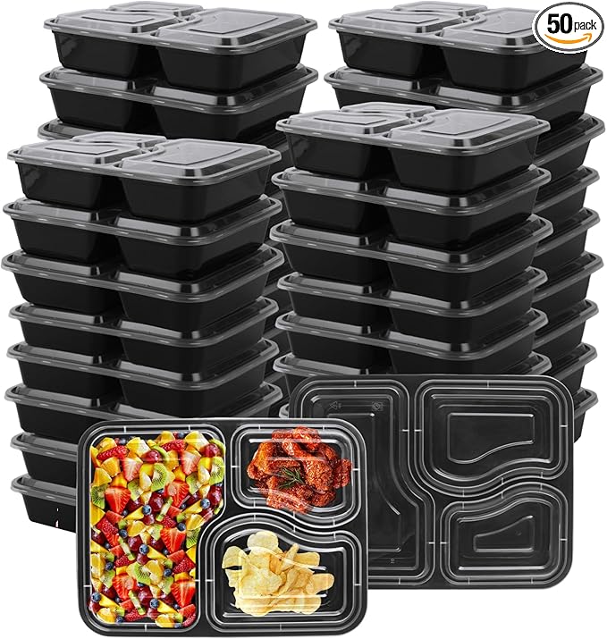 50PCS Disposable Meal Prep Containers 3 Compartment Food Prep Containers with Lids 30oz Plastic Bento Box Lunch Containers Stackable Meal Prep Containers Bulk for Microwave, Freezer Safe