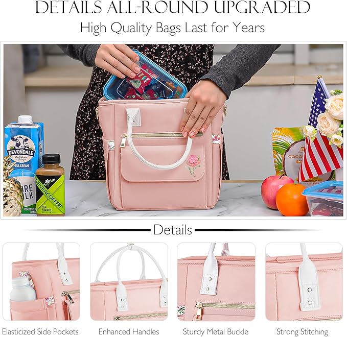 Deluxe Large Insulated Lunch Bag Box Women - Leakproof Waterproof Cooler with Multi Pockets Removable Strap for Work Picnic - Teacher Mothers Day Christmas Birthday Gifts