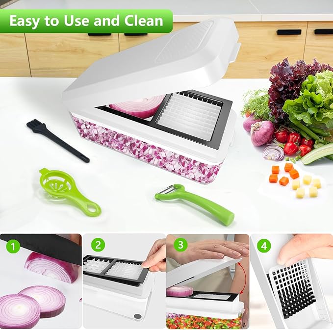 Vegetable Chopper, Onion Chopper Dicer, Mandoline Slicer, Food Chopper with Container, Vegetable Cutter for Salad Potato Carrot Garlic(2 Blades, White Black)