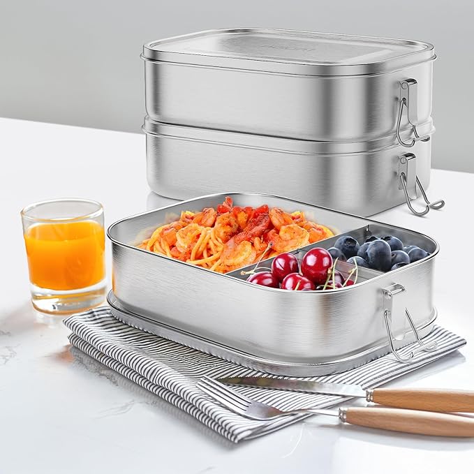 1400ML Stainless Steel Bento Box for Adults, 3-Compartment Metal lunch box with Lockable Clips, 47oz Leak-Proof Food Container for Work, Travel, Dishwasher Safe