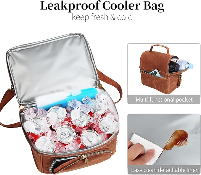 Lunch Box for men with 2 XL icepacks,Sturdy Waxed Canvas Insulated Lunch Bag for Adult, Dual Compartment Soft Cooler Bag For Work, Picnic, Travel, Outdoors (10.5L) 10"x7"x9.5" (Rustic brown)