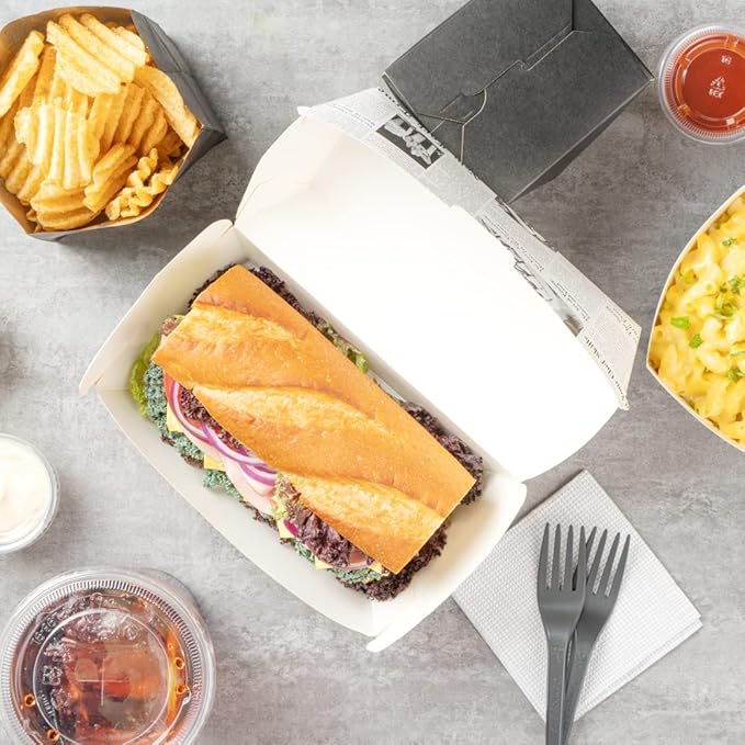 Restaurantware Bio Tek 6.7 x 3.5 x 3.5 Inch Clamshell Food Containers 100 Disposable Sandwich Containers - Hinged Lid Tab-Lock Closure Newsprint Paper Hot Dog Containers Recyclable Greaseproof