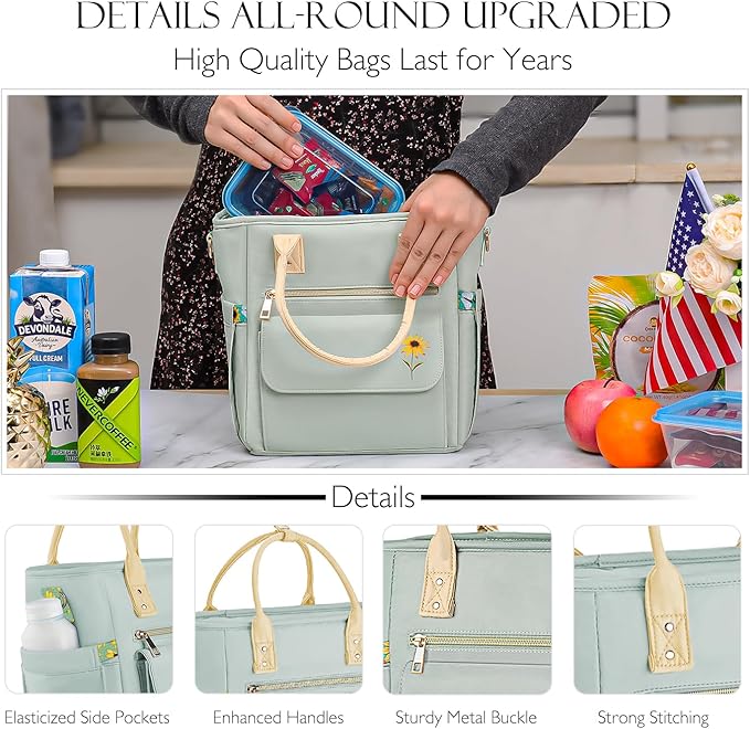 Deluxe Large Insulated Lunch Bag Box Women - Leakproof Waterproof Cooler with Multi Pockets Removable Strap for Work Picnic - Teacher Mothers Day Christmas Birthday Gifts