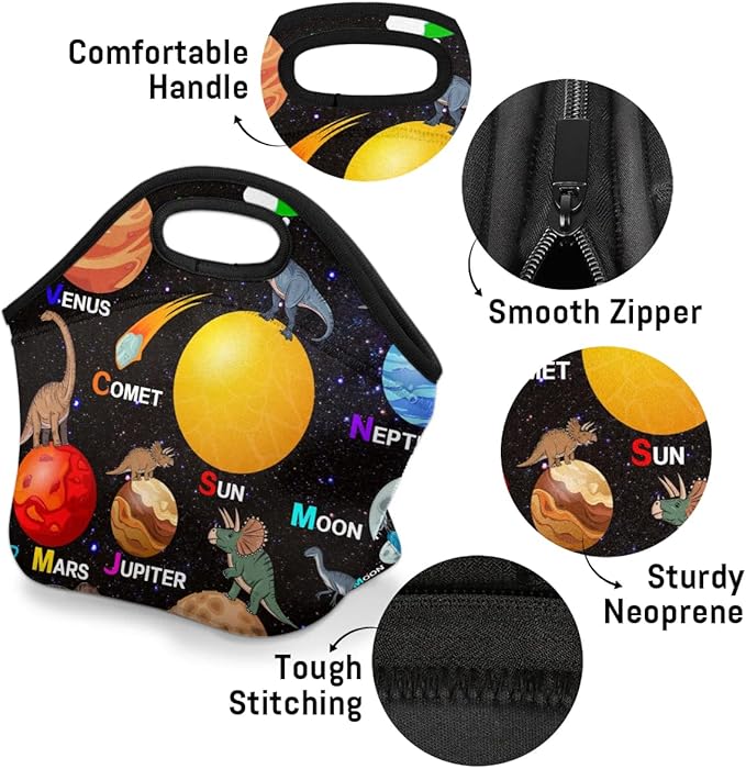 Kids Lunch Box for Boys Girls Dinosaur Planet Insulated Neoprene Children Lunch Bags Sturdy Soft Bag & Reusable Cooler Lunch Thermal Meal Tote Kit for School