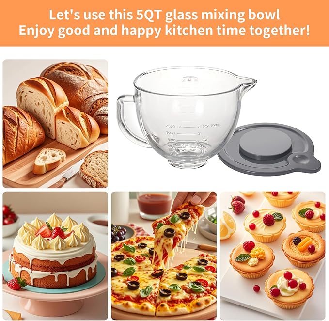 5QT Glass Bowl Compatible with KitchenAid 4.5 and 5-Quart Tilt Stand Mixers,Glass Mixing Bowl with Lid, Measurement Markers and Handle, Dishwasher Safe