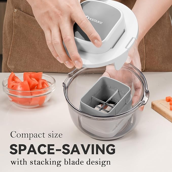 KEOUKE Vegetable Chopper Bowl Multi-functional 3 Interchangeable Blades Onion Chopper French Fry Cutter Veggie Dicer for Cucumber, Tomato, Zucchini, Carrot, Citrus