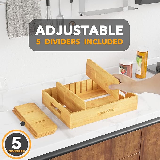 SpaceAid Bamboo Lid Organizer, Kitchen Pantry Lids Holder with 5 Adjustable Dividers for Cabinets, Food Storage Container Organizers, Natural