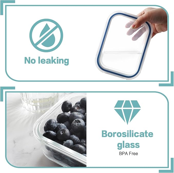 HOMBERKING 10 Pack Glass Meal Prep Containers, Glass Food Storage Containers with Lids, Airtight Glass Lunch Bento Boxes, BPA-Free & Leak Proof (10 lids & 10 Containers) - Deep Blue