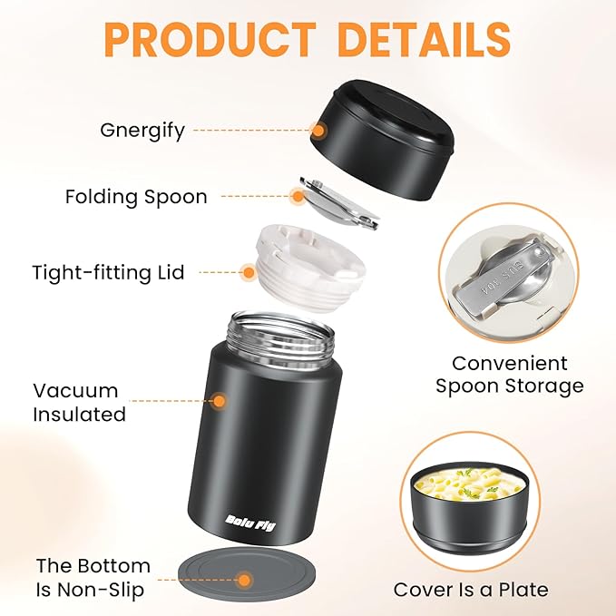 2 Pack Soup Thermo for Hot & Cold Food for Adults, Insulated Food Jar, Stainless Steel Vacuum Thermal Lunch Box Containers with Carry Bag and Spoon (18.5oz, 27oz) (Black)