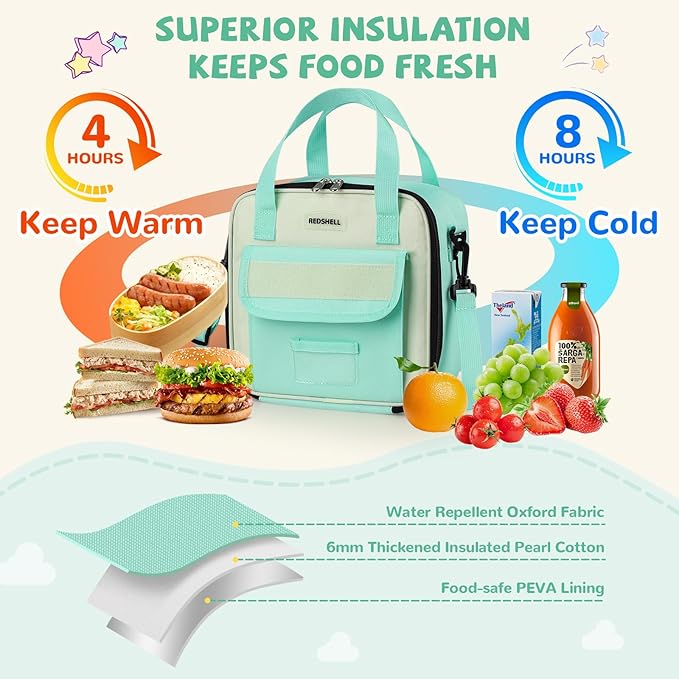 REDSHELL Tactical Lunch Box Kids, Large Insulated Lunch Bag for Girls, Cooler Lunchbag, Square Toddler Lunchbox, Back to School Daycare Lunch Tote Pail with Water Bottle Holder Shoulder Strap, Green