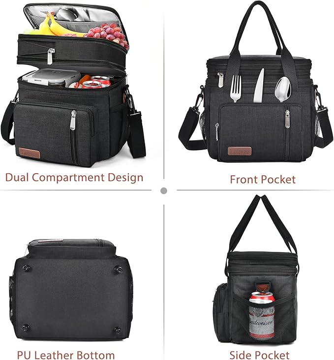 Lunch Box & Lunch Bag for Men Women, Large Insulated Adult Lunch Box Leakproof Lunchbox Cooler Bag for Work Picnic Beach,16L, Black