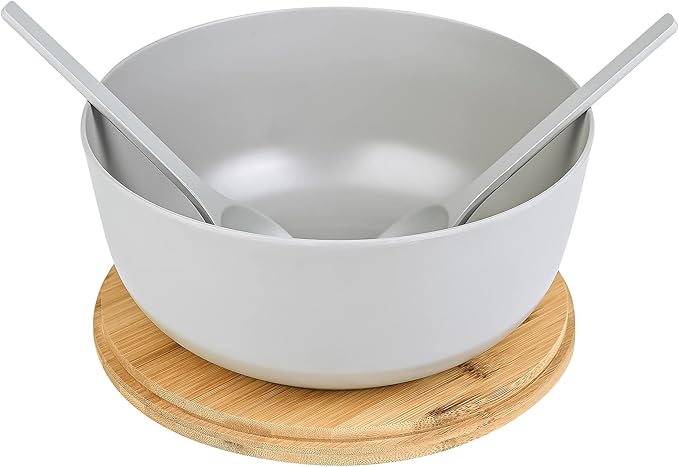 Bamboo Fiber Salad Bowl with Servers Set - Large 9.8 inches mixing bowls Solid Bamboo Salad Wooden Bowl with Bamboo Lid Spoon for Fruits,Salads and Decoration (Grey, 9.8INCH)