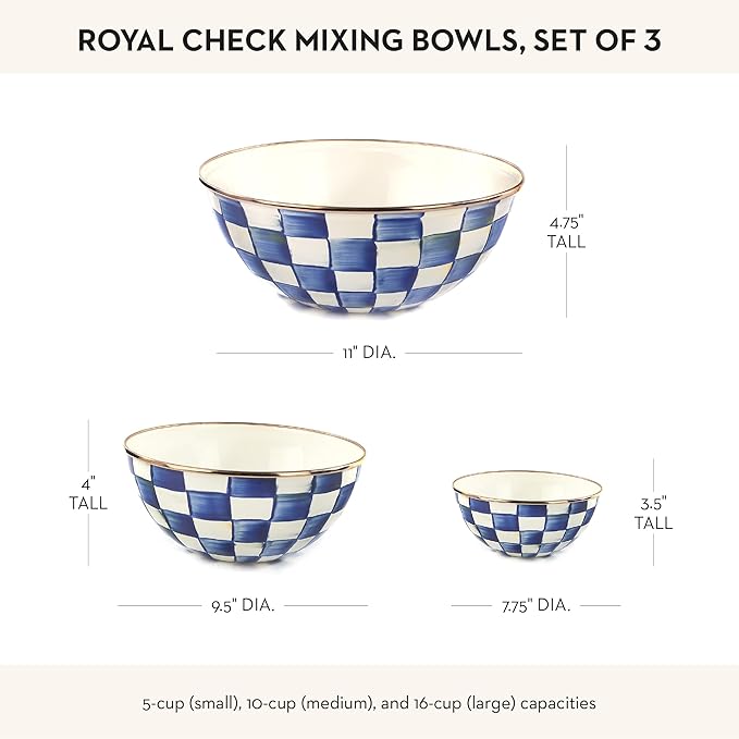 MACKENZIE-CHILDS Enamel Mixing Bowl Set, Small 5-Cup, Medium 10-Cup, and Large 16-Cup Serving Bowls for Entertaining, Set of 3, Blue-and-White Royal Check