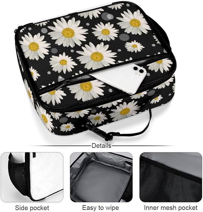 White Daisies Reusable Lunch Box Insulated Lunch Bag Cooler Bag Lunchbox Meal Food Container Tote Bag for Women Kids Girls School Camping Hiking Picnic Beach Travel