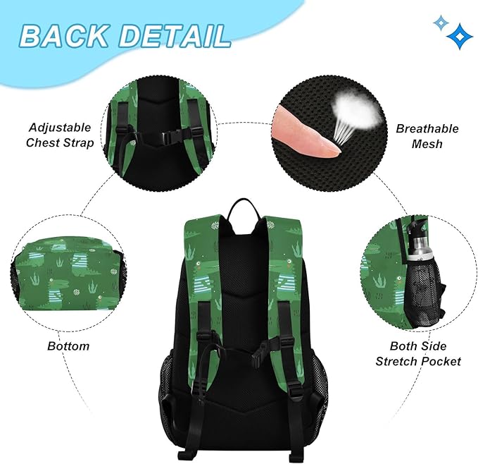 Emelivor Green Crocodiles Leave Kids Backpack for Girls Boys School Bookbag with Insulated Lunch Box for Hight Middle School Teen Girls Backpacks