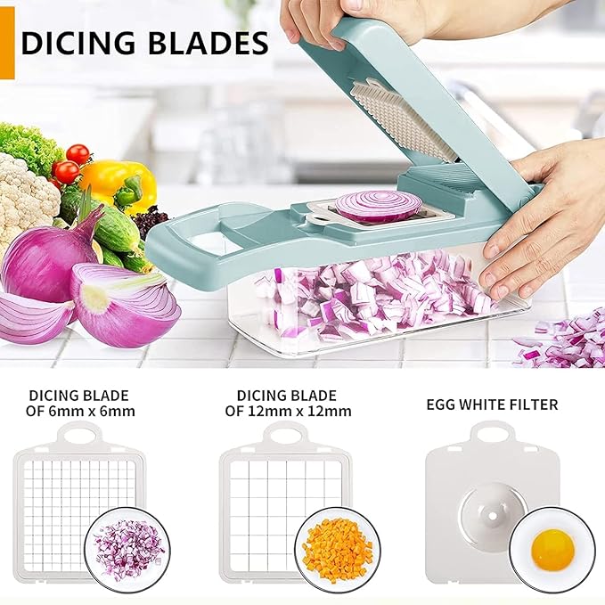 Vegetable Chopper, Onion Chopper, Mandolin Slicer,Pro 10 in 1professional food multifunctional Vegetable Chopper and Slicer, Dicing Machine, AdjustableVegetable Cutter Container (Blue>White Mix)