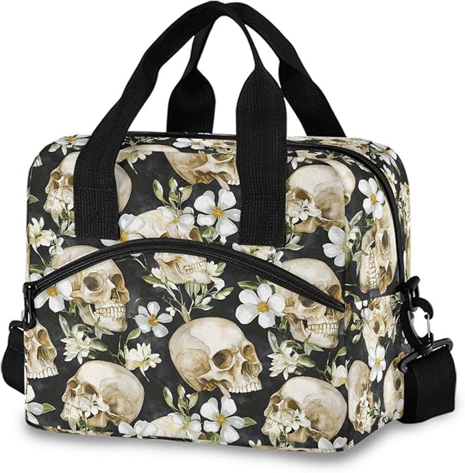 MNSRUU Insulated Lunch Bag Skull White Flower Women Men Fabric Dinner Tote Cooler Bag Reusable Leakproof Lunch Box with Adjustable Shoulder Handles Strap For Work School