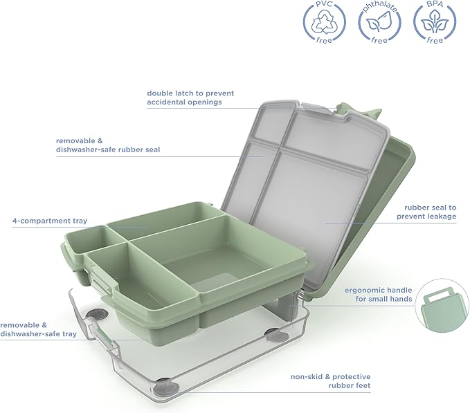 Ubbi Bento Lunch Box for Kids with 4 Compartments, BPA-Free, Leakproof, Dishwasher Safe, Food-Safe Material, Portion-Controlled Lunch Container, Kids Summer Camp, Sage Green