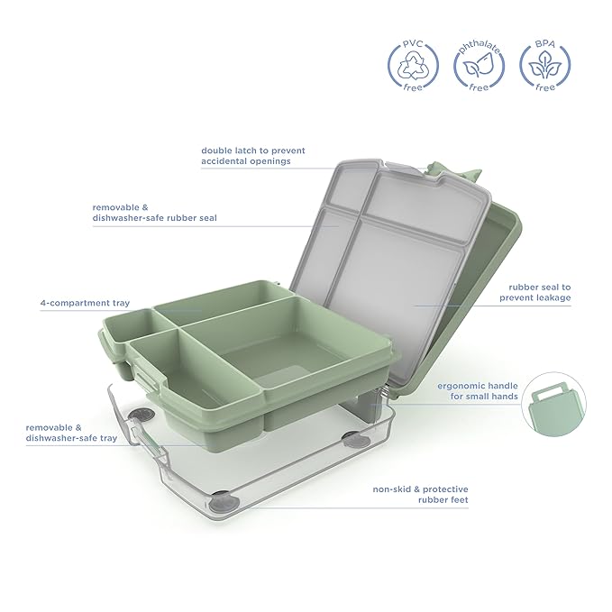 Ubbi Bento Lunch Box for Kids with 4 Compartments, BPA-Free, Leakproof, Dishwasher Safe, Food-Safe Material, Portion-Controlled Lunch Container, Kids Summer Camp, Sage Green