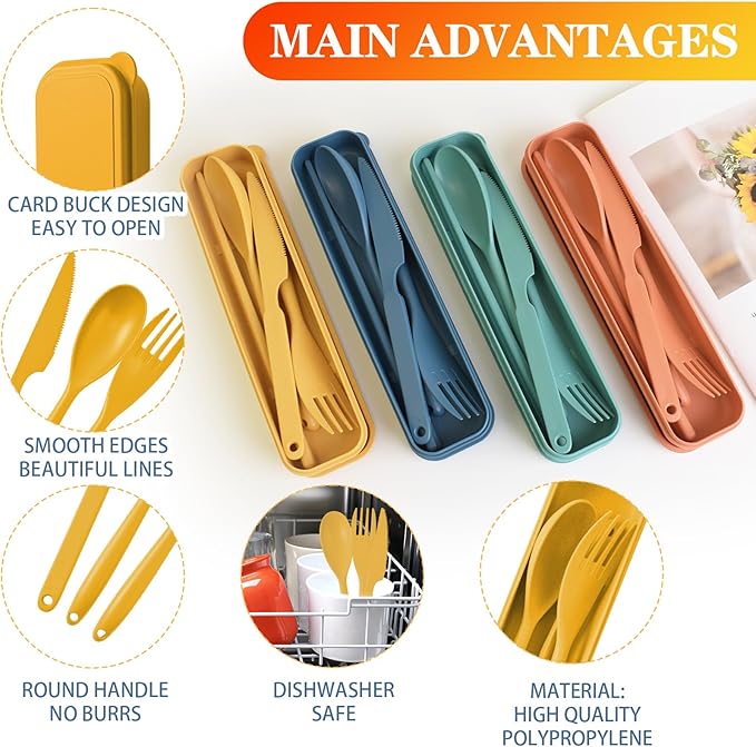 Large Reusable Utensils Set with Case, 4 Sets Large Plastic Travel Cutlery Set with Chopsticks, Portable Fork Spoons Knife Set Lunch Box Utensil Set for Adults Camping Picnic Use