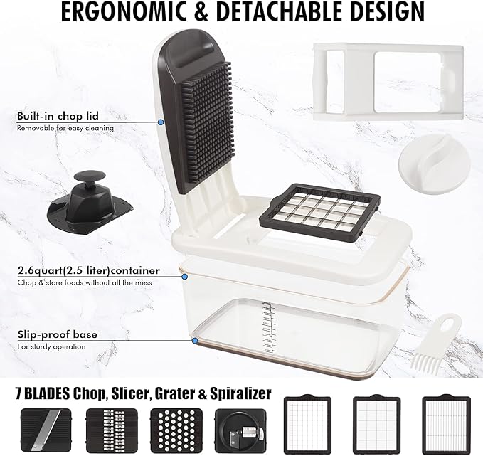 Vegetable Chopper, Extra Large Chopper Vegetable Cutter, Multifunctional 10-in-1 Pro Food Chopper - 6 Blades, 4 Vegetable Spiralizers, E-Recipes - Veggie Chopper with Container