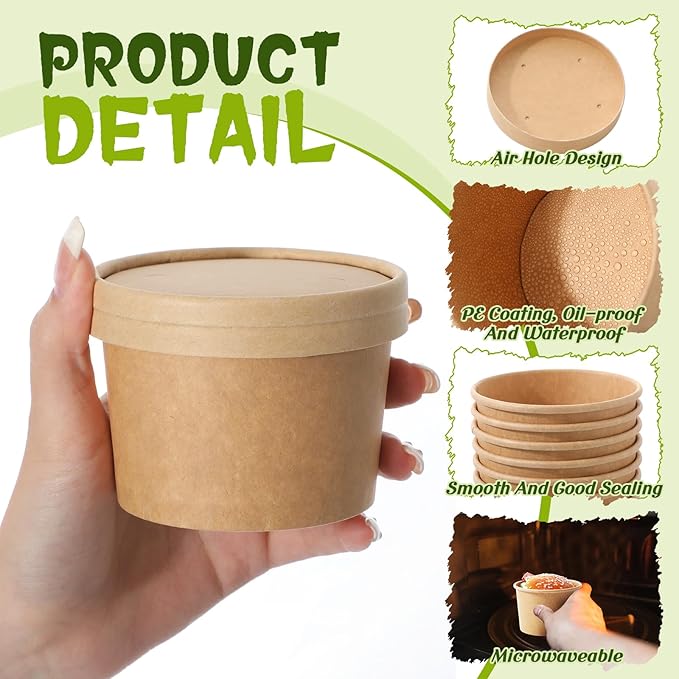 Fulmoon 100 Pack Paper Soup Containers with Lids Disposable Paper Food Containers with Vented Lids Kraft Ice Cream Bowls Soup Cup Ice Cream Cups for Restaurants(8 oz,Brown)
