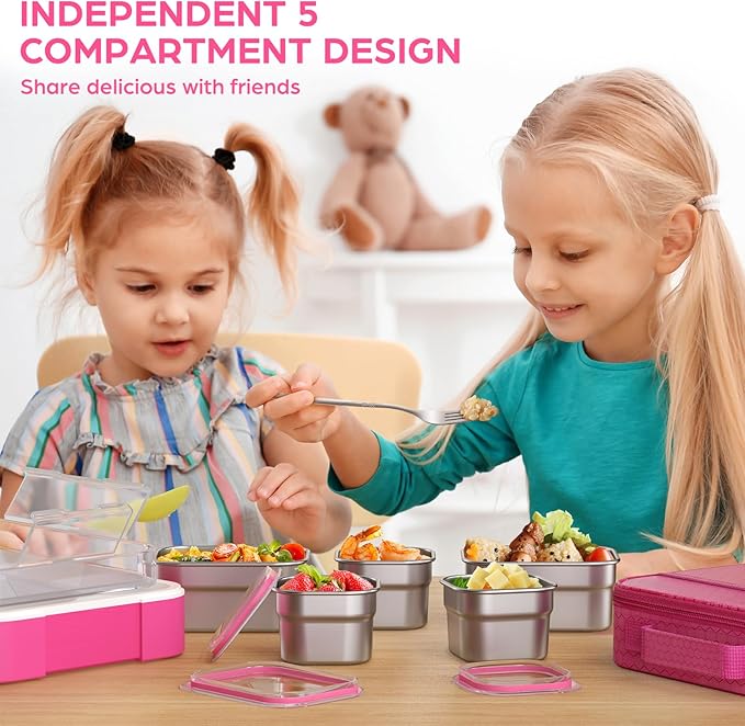 Stainless Steel Bento Lunch Box for Kids Adult - Leakproof BPA-Free School Lunch Container with 5 Compartment and Lunch Bag Set for Toddler Child Bento Box (Pink)