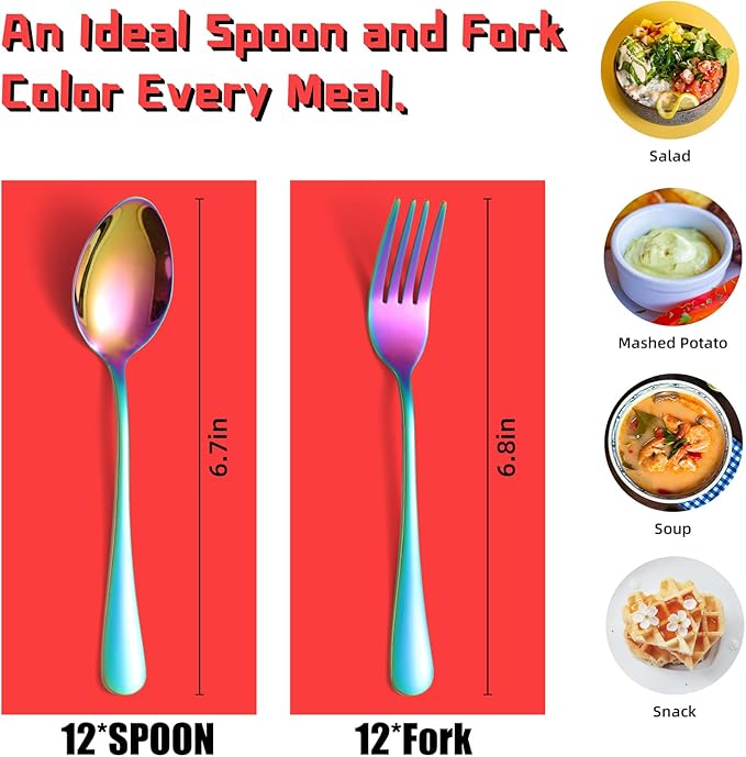 Rainbow Forks and Spoons, KITWARE 24-Piece Silverware Set for 12, Stainless Steel Flatware Cutlery Set for Daily Meal, Outdoor Camping, Hiking, Travel, Hotel